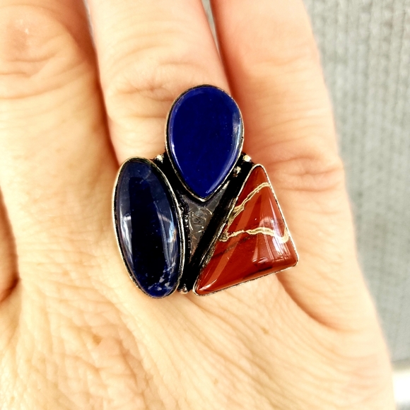New Navy Sodalite, Lapis Lazuli and Red Jasper 925 Silver Ring. - Picture 1 of 7